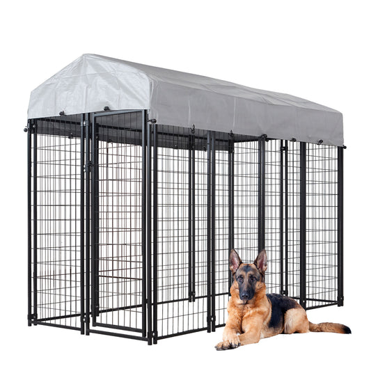 HITTITE Large Outdoor Dog Kennel, Heavy Duty Outdoor Dog Cage, Anti-Rust Dog Pens Outdoor with Waterproof UV-Resistant Cover and Secure Lock for Backyard,8'L x4' W x 6'H(with Roof)