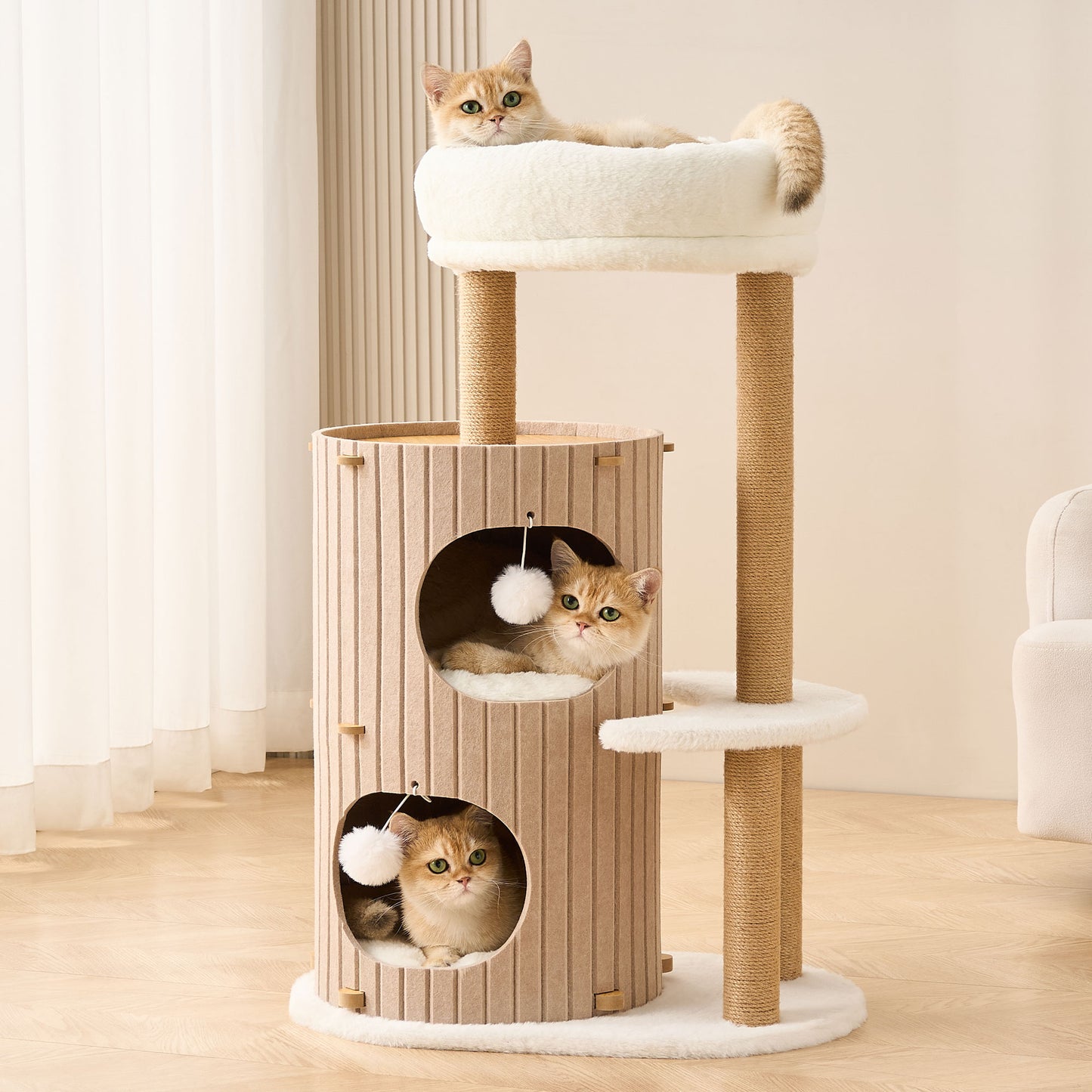 Kicari Modern Cat Tree for Indoor Cats, 36in H Cat Condo Tower with Scratching Posts, Cozy Cat Bed Cave, Washable Cushions, Dangling Balls, Play & Nap Structure for All Breeds of Cats, Brown & White