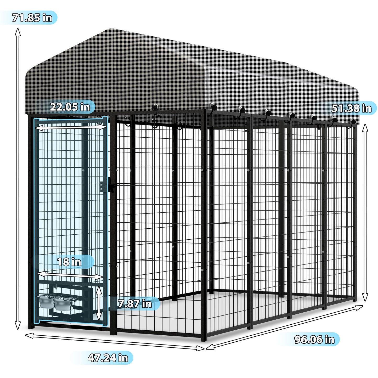 HITTITE Large Outdoor Dog Kennel, Heavy Duty Outdoor Dog Run Cage with Rotate Feeding Door, Anti-Rust Dog Kennel Outside with Waterproof & UV-Resistant Cover for Backyard, 8'L x4' W x 6'H(with Roof)