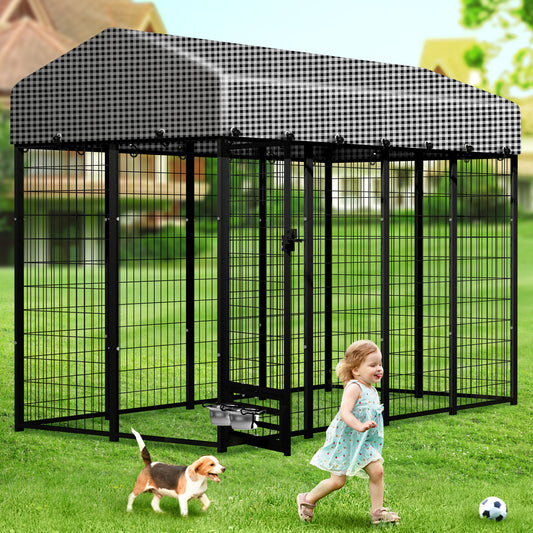 HITTITE Large Outdoor Dog Kennel, Heavy Duty Outdoor Dog Run Cage with Rotate Feeding Door, Anti-Rust Dog Kennel Outside with Waterproof & UV-Resistant Cover for Backyard, 8'L x4' W x 6'H(with Roof)