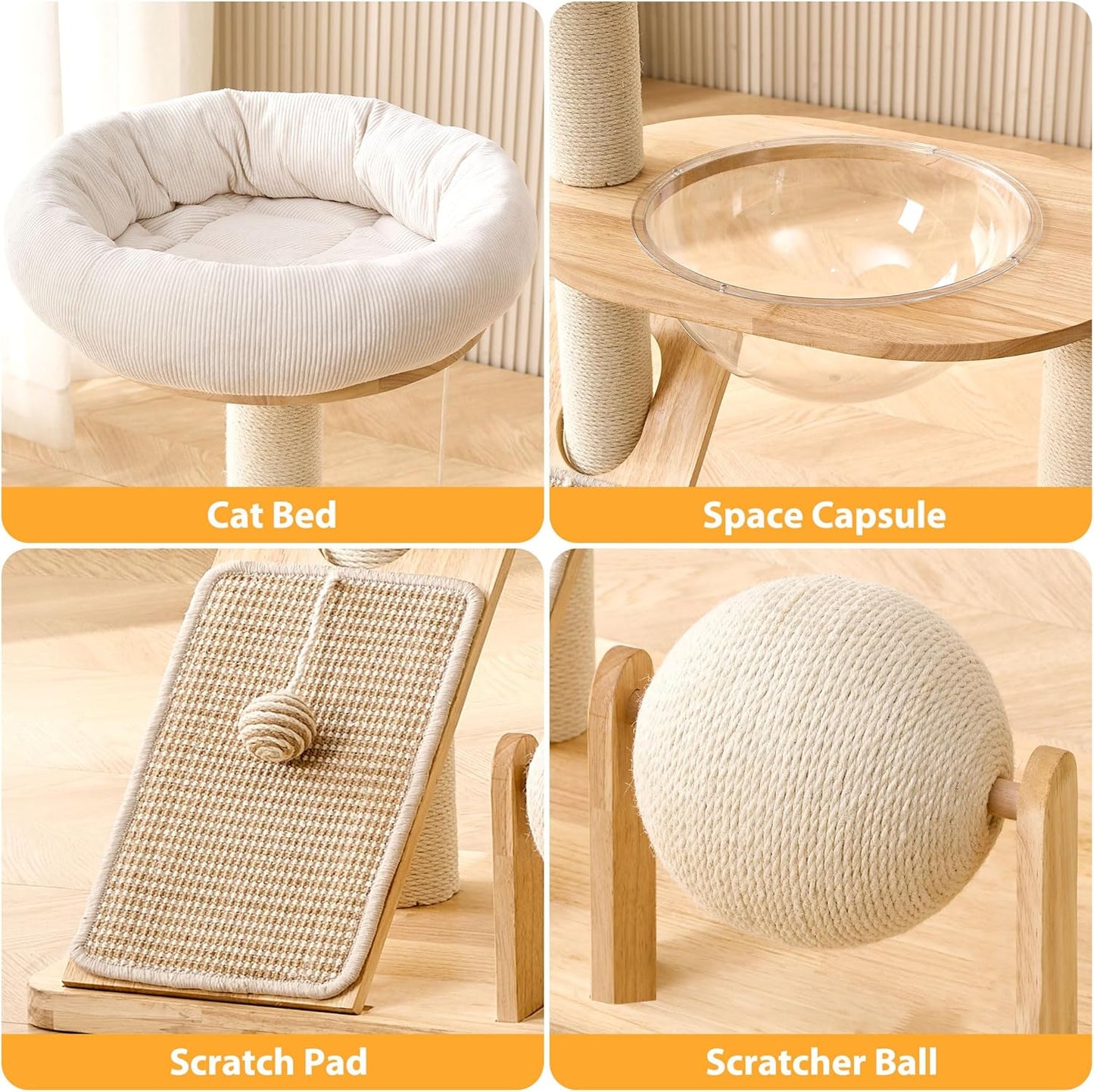HITTITE Solid Wood Cat Tree Tower with Scratching Post, 37.8 Inches Tall Cat Towers with Scratching Board and Scratcher Ball, Modern Cat Tower With Space Capsule and Removable Top Bed for Indoor Cats.