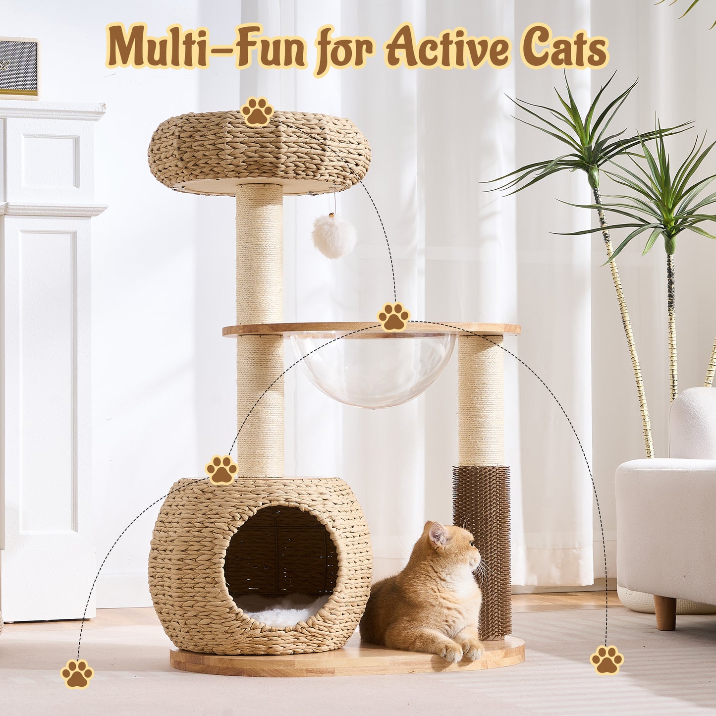 Hittite 38" Modern Cat Tree Tower for Indoor Cats, Solid Wood Cat Furniture with Handwoven Rattan Basket Bed & Cave, Sisal Scratching Posts and Self-Groomer, Space-Saving Cat Condo