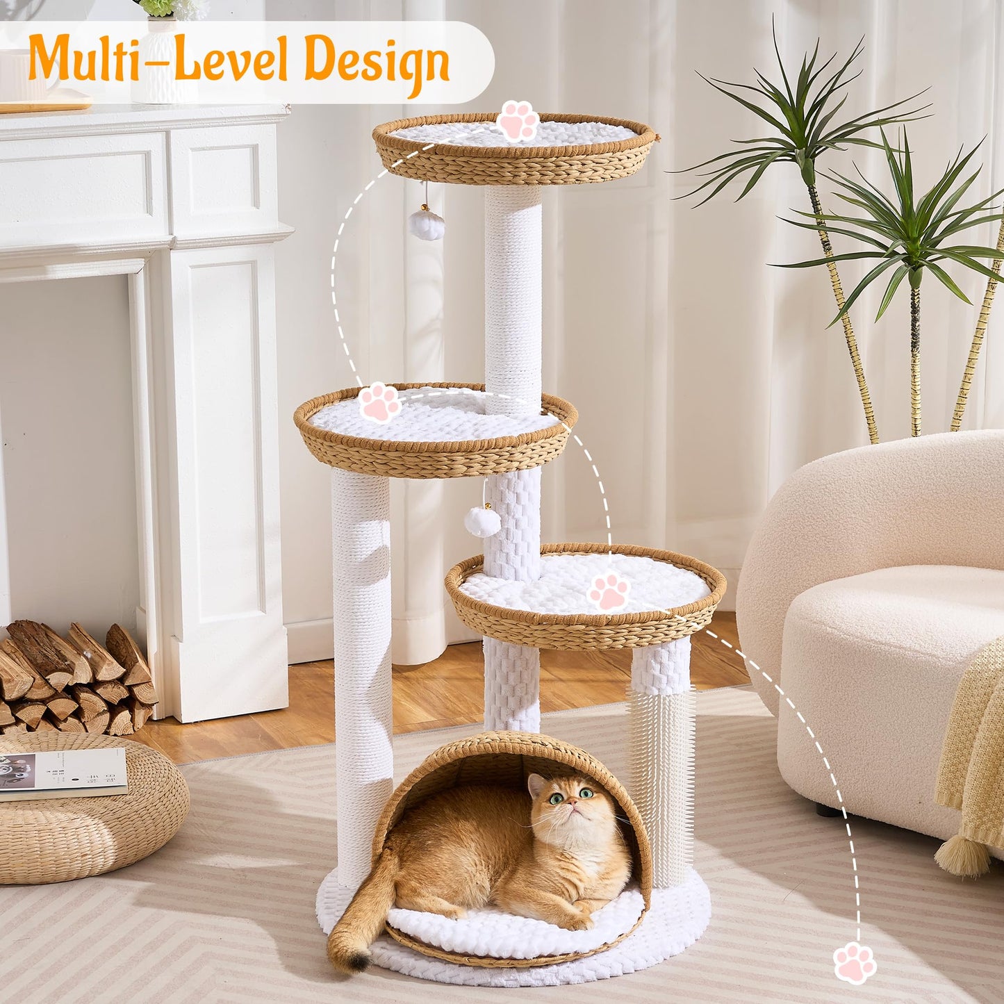 46" Modern Cat Tree for Indoor Cats up to 12 lbs, Wicker Cat Tower with Large Handwoven Cat Beds & Cave, Scratching Posts, Self-Groomer, Aesthetic Furniture for Multi-cat Homes, Natural