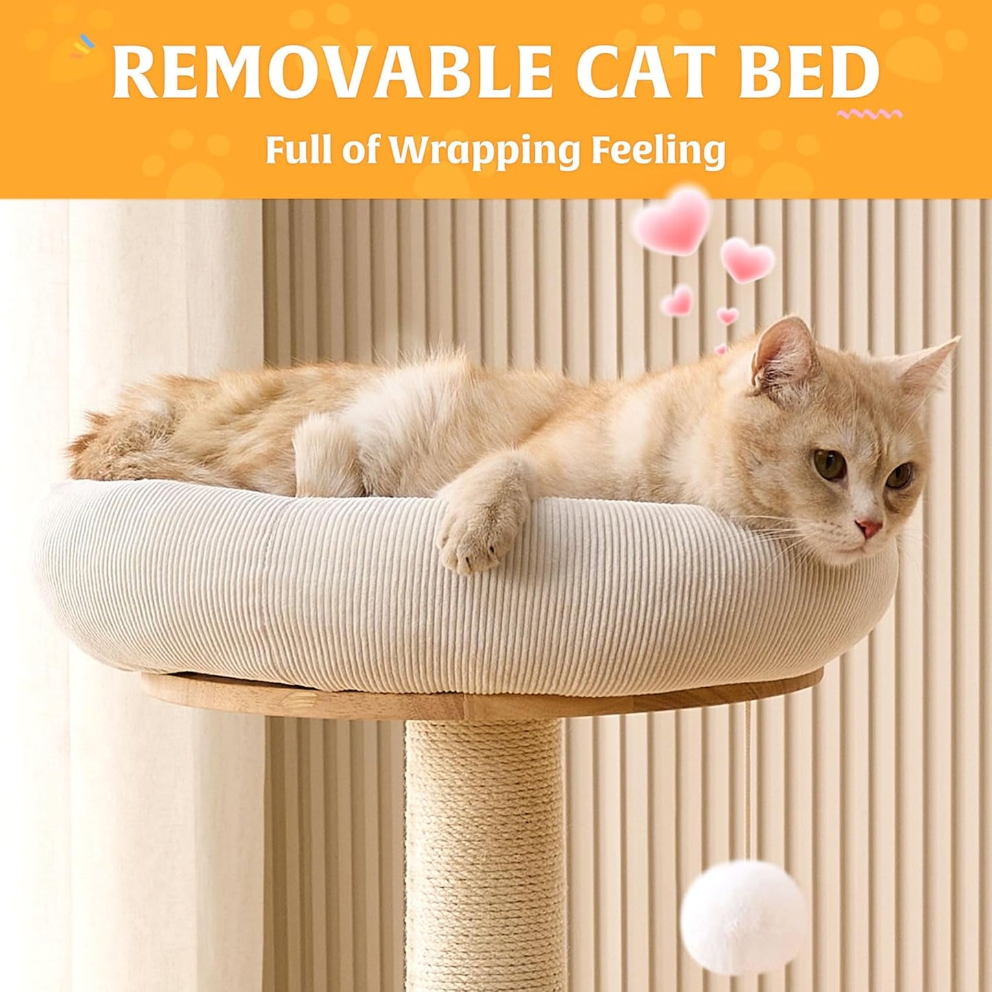 HITTITE Solid Wood Cat Tree Tower with Scratching Post, 37.8 Inches Tall Cat Towers with Scratching Board and Scratcher Ball, Modern Cat Tower With Space Capsule and Removable Top Bed for Indoor Cats.