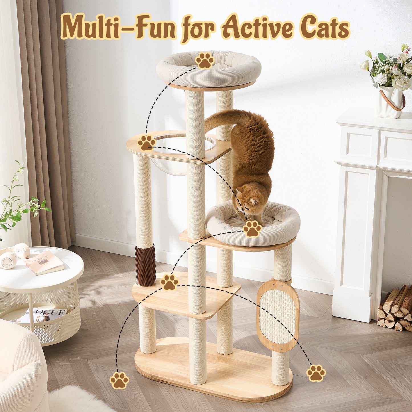 Modern Solid Wood Cat Tree for Indoor Cats Up to 15lbs, 60" Tall & Wide Cat Tower with Scratching Posts, Scratcher & Self-Grooming, Large Cat Beds, Capsule Nest, Multi-Level Cat Furniture