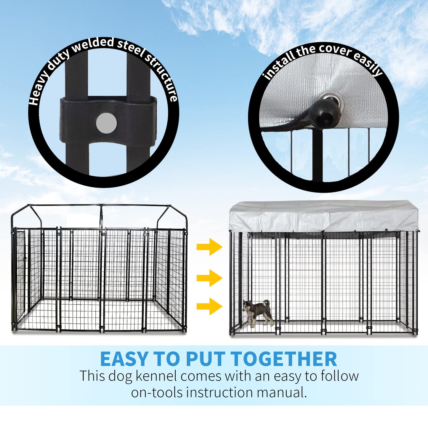 HITTITE Large Outdoor Dog Kennel, Heavy Duty Outdoor Dog Run Cage with Rotate Feeding Door, Anti-Rust Dog Kennel Outside with Waterproof & UV-Resistant Cover for Backyard, 8'L x4' W x 6'H(with Roof)