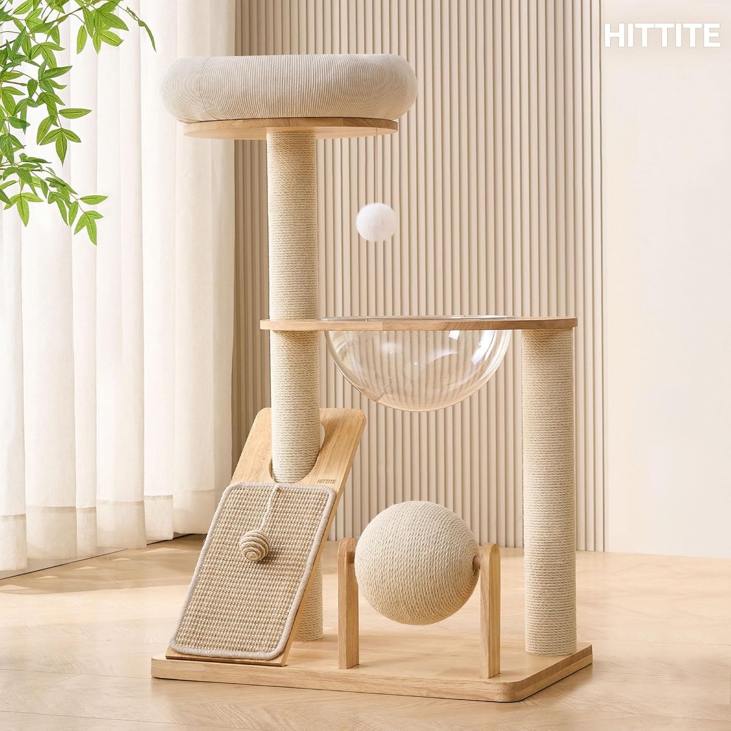 HITTITE Solid Wood Cat Tree Tower with Scratching Post, 37.8 Inches Tall Cat Towers with Scratching Board and Scratcher Ball, Modern Cat Tower With Space Capsule and Removable Top Bed for Indoor Cats.