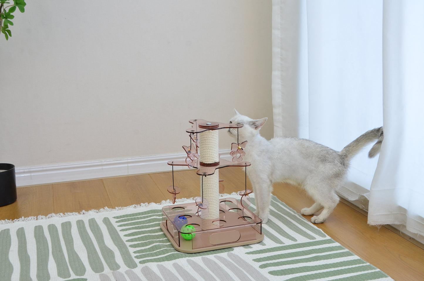 PawX Modern Aesthetic Cat Scratching Post for Indoor Cats with Interactive Cat Toy, 2-Layer Spinning Teaser Disc with Dangling Toys, Acrylic, Pink