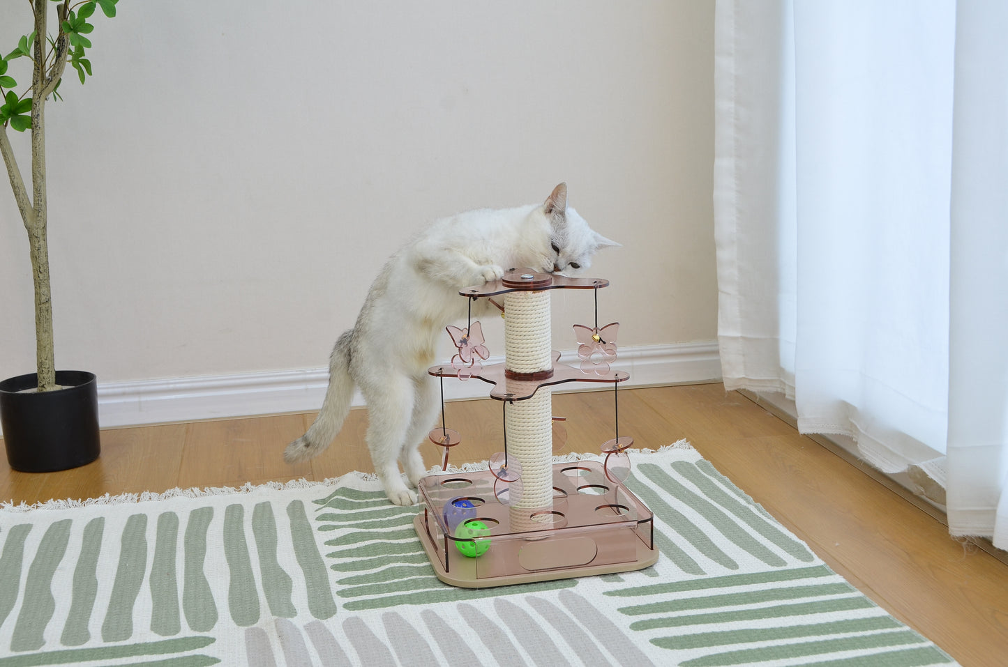 PawX Modern Aesthetic Cat Scratching Post for Indoor Cats with Interactive Cat Toy, 2-Layer Spinning Teaser Disc with Dangling Toys, Acrylic, Pink