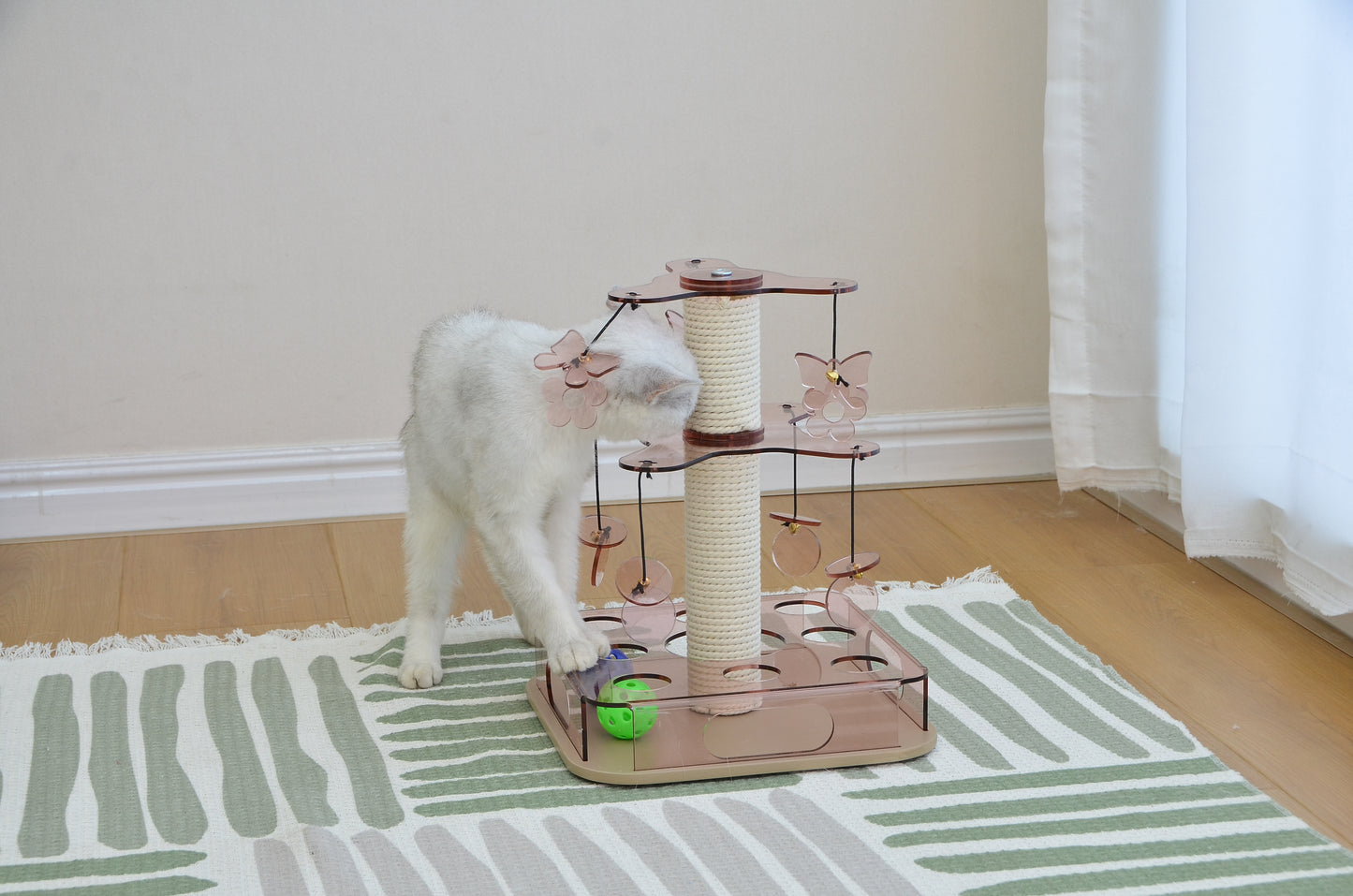 PawX Modern Aesthetic Cat Scratching Post for Indoor Cats with Interactive Cat Toy, 2-Layer Spinning Teaser Disc with Dangling Toys, Acrylic, Pink