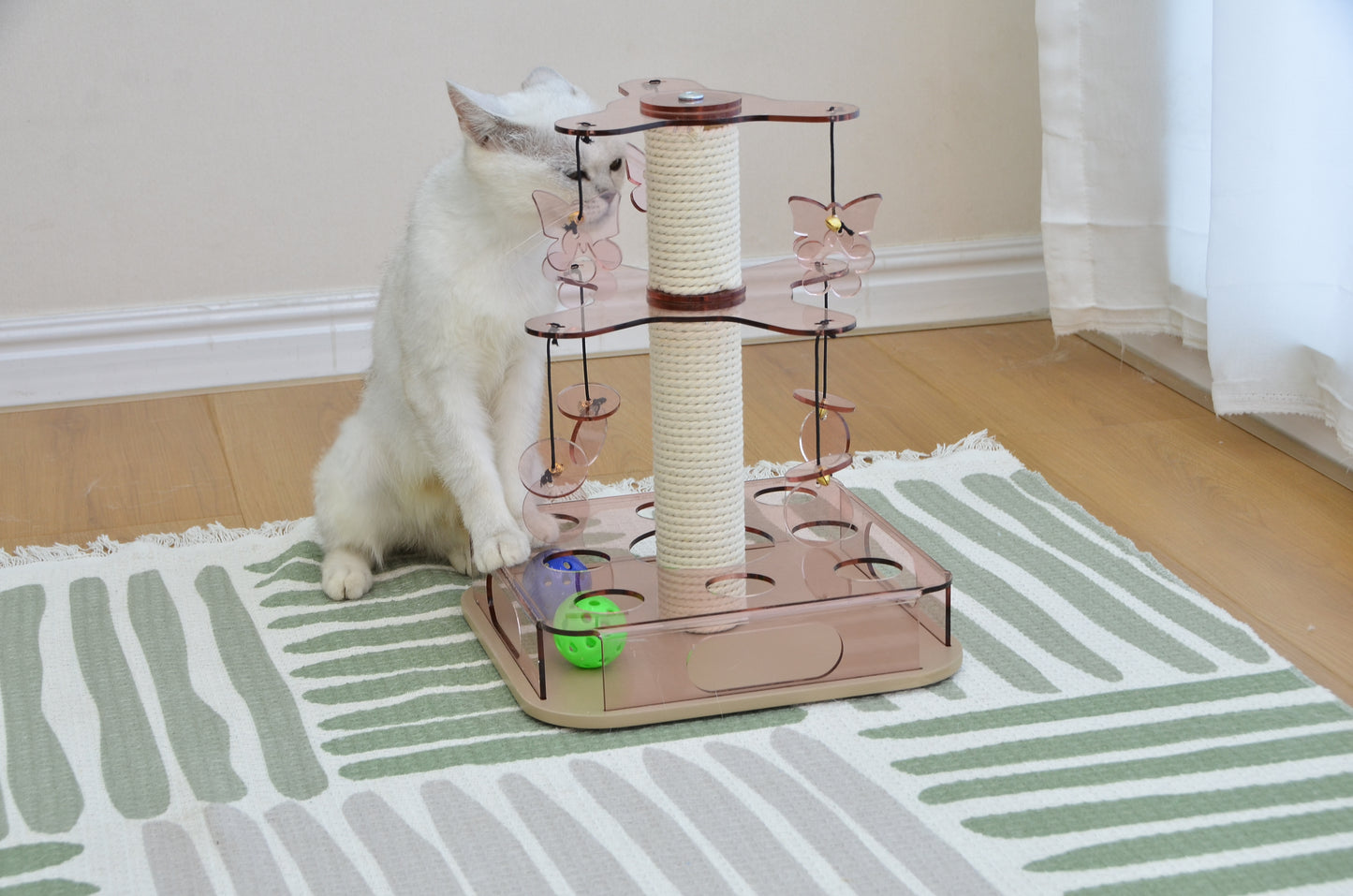 PawX Modern Aesthetic Cat Scratching Post for Indoor Cats with Interactive Cat Toy, 2-Layer Spinning Teaser Disc with Dangling Toys, Acrylic, Pink