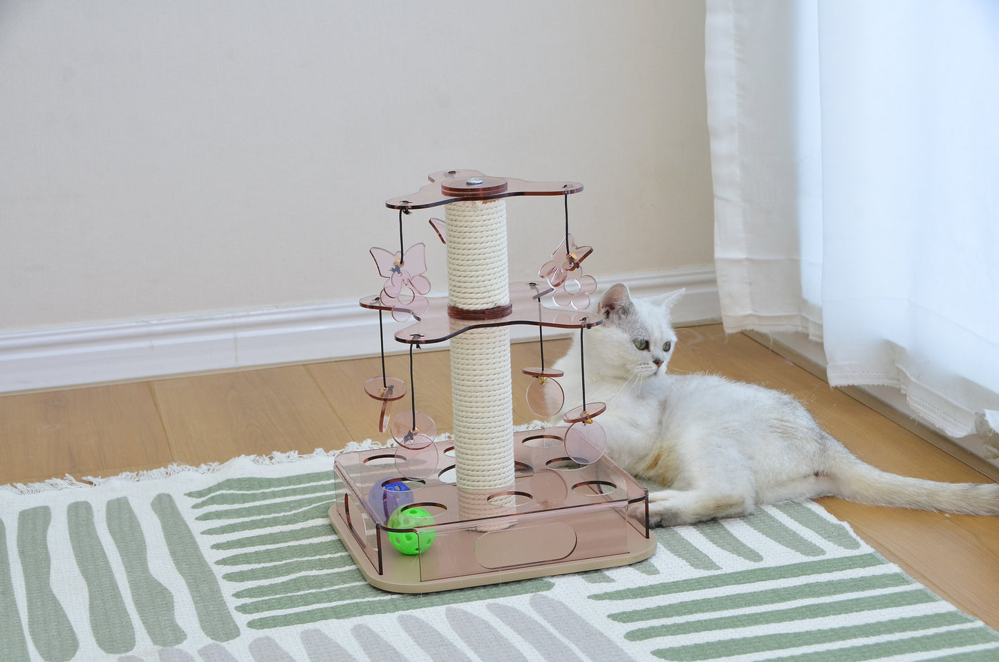 PawX Modern Aesthetic Cat Scratching Post for Indoor Cats with Interactive Cat Toy, 2-Layer Spinning Teaser Disc with Dangling Toys, Acrylic, Pink