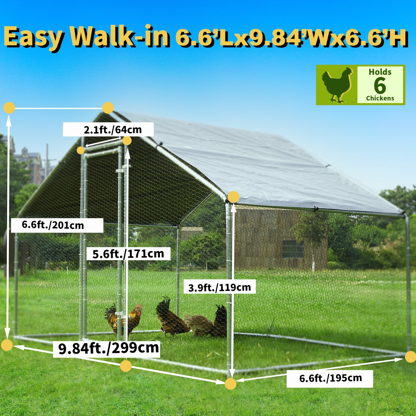 HITTITE Large Metal Chicken Coop Run for 6/8/10 Chickens,Heavy Duty Walk-in Poultry Cage with Cover,Outdoor Hen Rabbit Chicken Run in with Spire Shaped for &Farm Yard(19.2'Lx9.84'Wx6.56'H)