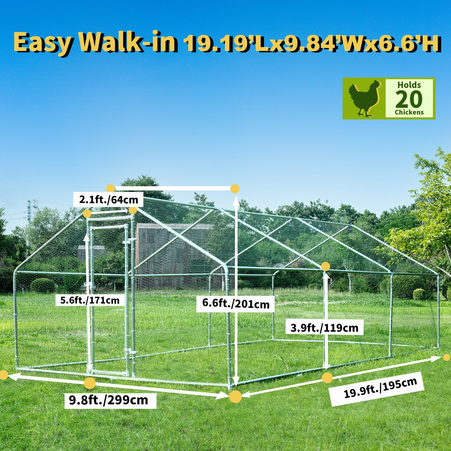 HITTITE Large Metal Chicken Coop Run for 6/8/10 Chickens,Heavy Duty Walk-in Poultry Cage with Cover,Outdoor Hen Rabbit Chicken Run in with Spire Shaped for &Farm Yard(6.4'Lx9.84'Wx6.56'H)