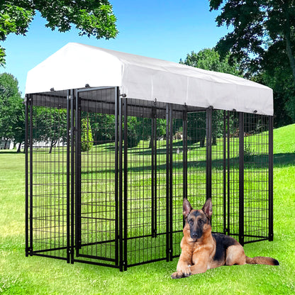 HITTITE Large Outdoor Dog Kennel, Heavy Duty Outdoor Dog Cage, Anti-Rust Dog Pens Outdoor with Waterproof UV-Resistant Cover and Secure Lock for Backyard,8'L x4' W x 6'H（with Roof）