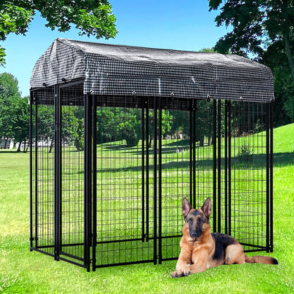 HITTITE Large Outdoor Dog Kennel, Heavy Duty Outdoor Dog Cage, Anti-Rust Dog Pens Outdoor with Waterproof UV-Resistant Cover and Secure Lock for Backyard,8'L x4' W x 6'H（with Roof）