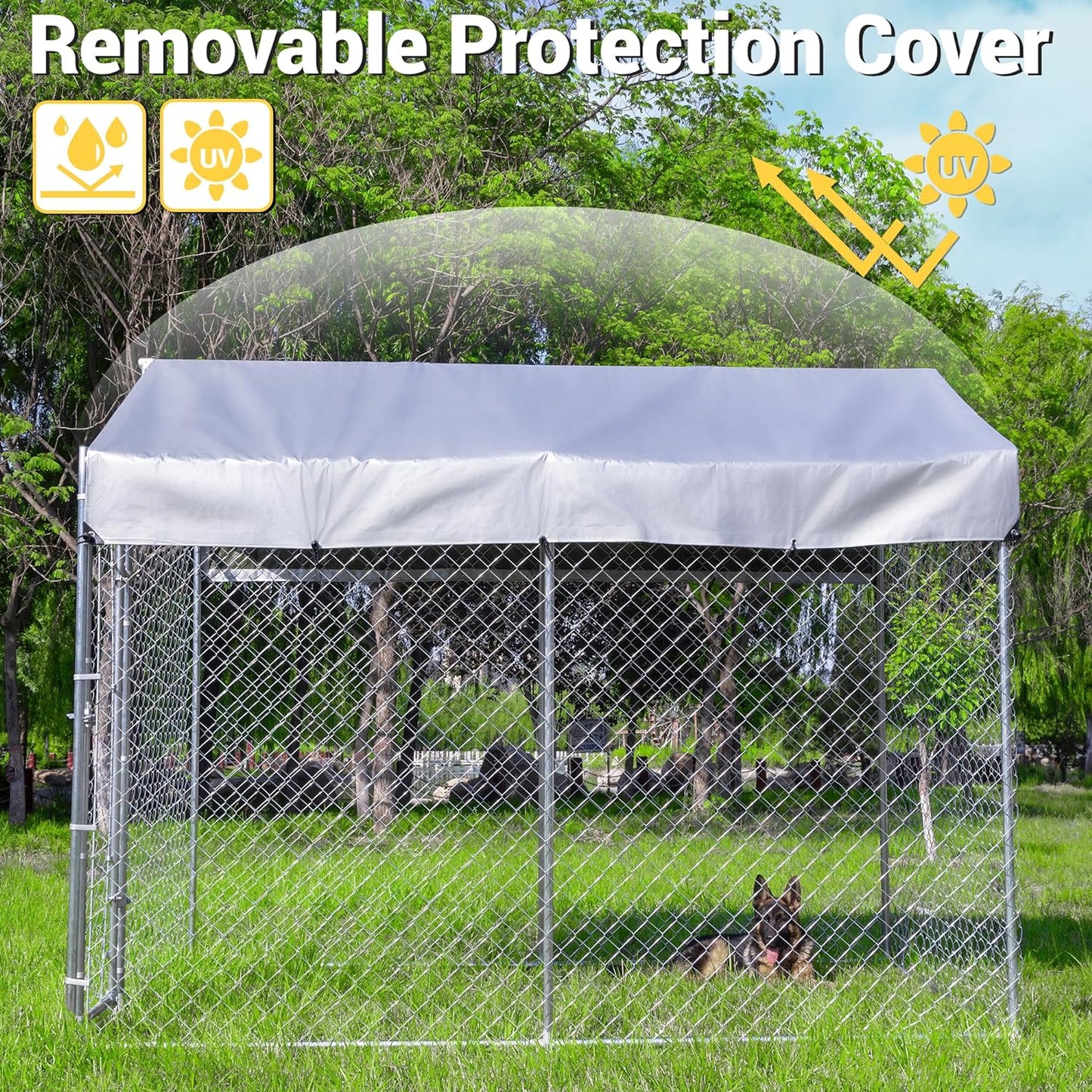 HITTITE Large Outdoor Dog Kennel, Outdoor Heavy Duty Dog Cage, Anti-Rust Dog Pens Dog Fence with Waterproof UV-Resistant Cover and Secure Lock 10'L X 6'W X 7.65'H