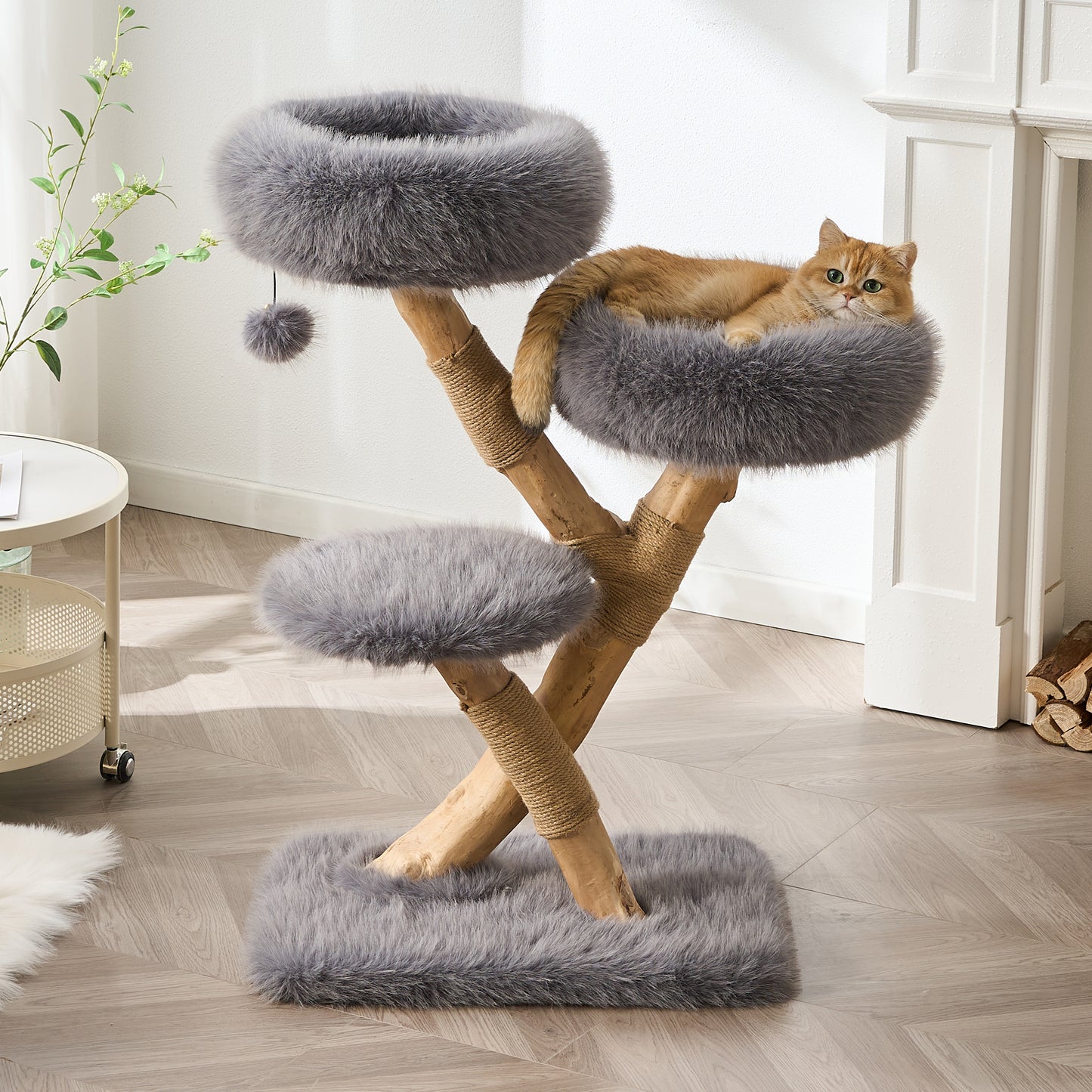 Hittite 38" Modern Cat Tree for Indoor Cats, Aesthetic Natural Wood Cat Tower with Branch-Style Scratching Posts, Luxury Plush Faux Fur Cat Beds with Natural Loft, Perch & Hanging Ball