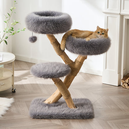 Hittite 38" Modern Cat Tree for Indoor Cats, Aesthetic Natural Wood Cat Tower with Branch-Style Scratching Posts, Luxury Plush Faux Fur Cat Beds with Natural Loft, Perch & Hanging Ball