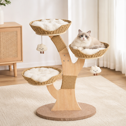 Modern Wood Cat Tree for Indoor Cats Small to Medium, Aesthetic Cat Tower with Handwoven Wicker Cat Beds, Sculpted Wood Branch Scratching Post & Interactive Squeaky Toys, Natural & White
