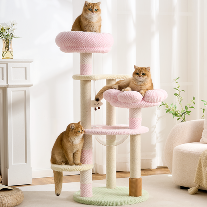 Modern Cat Tree Tower with Scratching Post for Indoor Cats, 50.5" Tall Cat Tree with Flower/Fluffy Cat Beds, Acrylic Capsule, Multi-Level Platforms & Interactive Toy, Brown/Pink