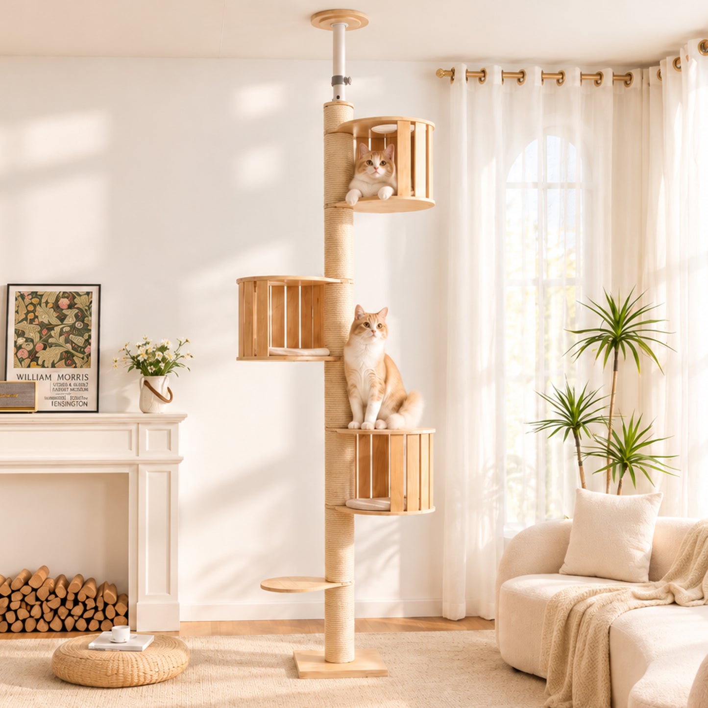 Floor to Ceiling Cat Tree, Adjustable 7.9–9.9 ft Tension Cat Tower, Modern Multi-Level Cat Tree with Thick Sisal Posts, Hidden Caves, Capsule & Perches, No Drilling
