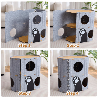 797Audio Cat House for Indoor Cats,2-Storey 23" x 15" x 23" Large Felt Covered Cat Cave for Multiple Cats, Clawsable Enclosed Cat Hideout Houses&Condos with Fluffy Ball, Cozy Scratch Resistant House
