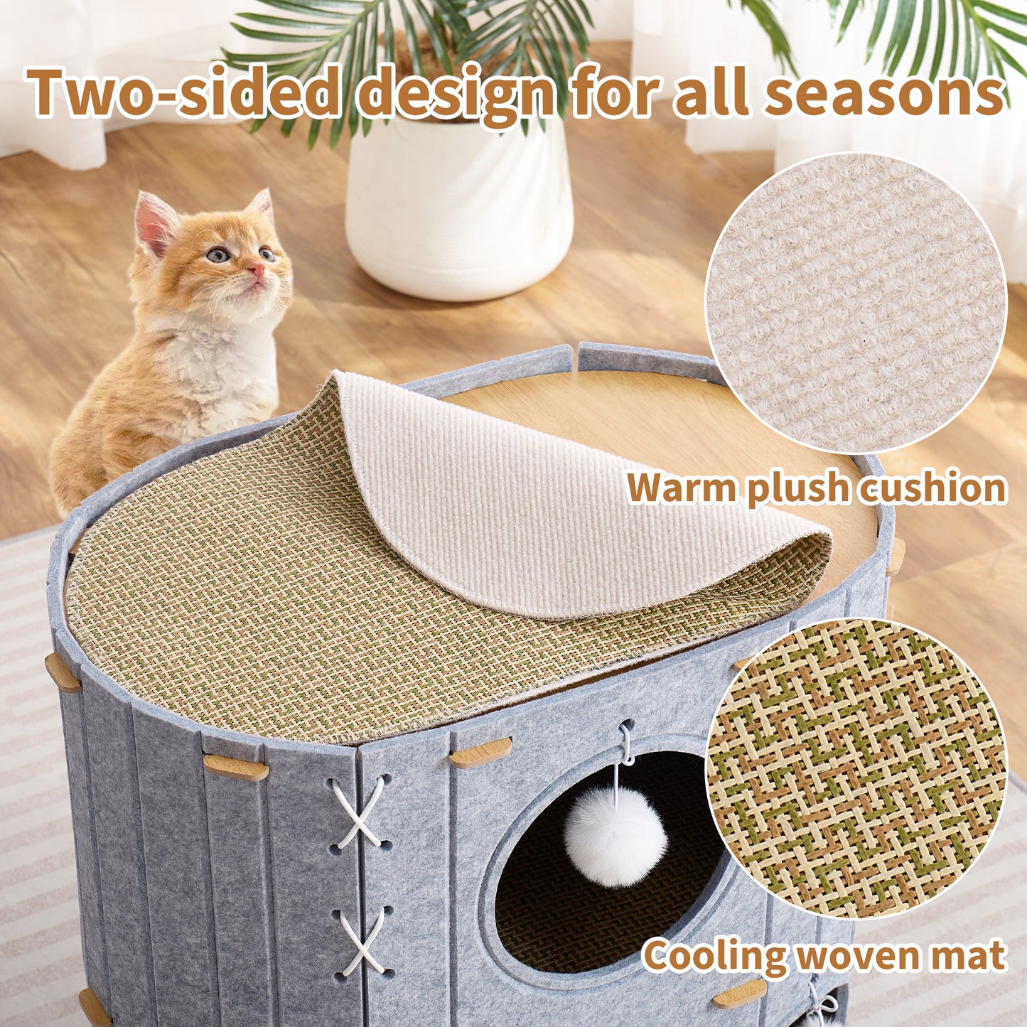 797Audio Cat House for Indoor Cats,2-Storey 23" x 15" x 23" Large Felt Covered Cat Cave for Multiple Cats, Clawsable Enclosed Cat Hideout Houses&Condos with Fluffy Ball, Cozy Scratch Resistant House