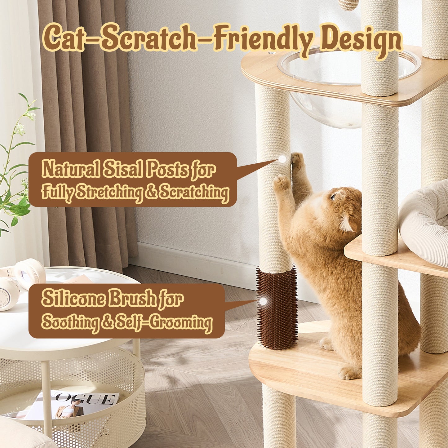 Modern Solid Wood Cat Tree for Indoor Cats Up to 15lbs, 60" Tall & Wide Cat Tower with Scratching Posts, Scratcher & Self-Grooming, Large Cat Beds, Capsule Nest, Multi-Level Cat Furniture