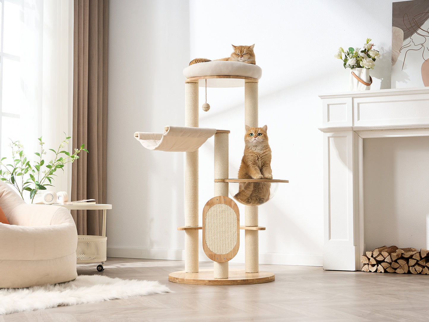 Modern Solid Wood Cat Tree for Indoor Cats Up to 15lbs, 49" Tall Cat Tower with Scratching Posts & Scratcher, Large Cat Bed, Hammock, Capsule Nest, Dangling Ball, Multi-Level Cat Furniture