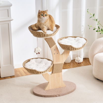 Modern Wood Cat Tree for Indoor Cats Small to Medium, Aesthetic Cat Tower with Handwoven Wicker Cat Beds, Sculpted Wood Branch Scratching Post & Interactive Squeaky Toys, Natural & White