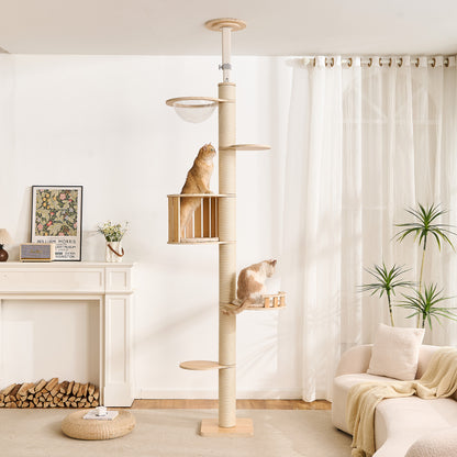 Floor to Ceiling Cat Tree, Adjustable 7.9–9.9 ft Tension Cat Tower, Modern Multi-Level Cat Tree with Thick Sisal Posts, Hidden Caves, Capsule & Perches, No Drilling