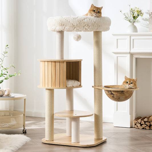 48" Modern Cat Tree for Indoor Cats with Scratching Posts, Multi-Level Wooden Cat Tower with Spacious Top Bed, Condo, Capsule Perch, Furniture-Style Cat Activity Center
