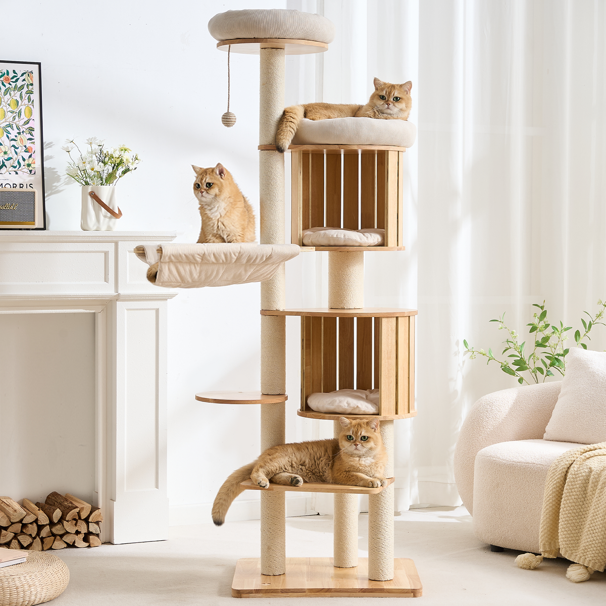 70" Modern Wood Cat Tree for Indoor Cats, Multi-Level Cat Tower with 2 Hidden Cat Caves, Hammock, Elevated Top Beds & Sisal Scratching Posts, Furniture-Style Cat Condo for Multi-Cat Homes
