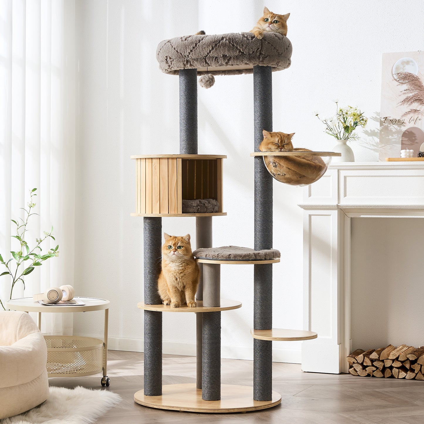 48" Modern Cat Tree for Indoor Cats with Scratching Posts, Multi-Level Wooden Cat Tower with Spacious Top Bed, Condo, Capsule Perch, Furniture-Style Cat Activity Center