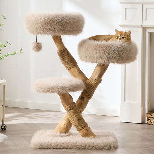 Hittite 38" Modern Cat Tree for Indoor Cats, Aesthetic Natural Wood Cat Tower with Branch-Style Scratching Posts, Luxury Plush Faux Fur Cat Beds with Natural Loft, Perch & Hanging Ball