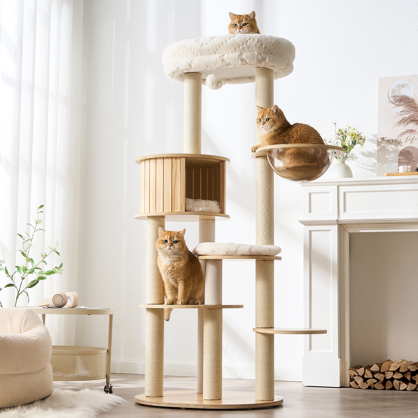 48" Modern Cat Tree for Indoor Cats with Scratching Posts, Multi-Level Wooden Cat Tower with Spacious Top Bed, Condo, Capsule Perch, Furniture-Style Cat Activity Center