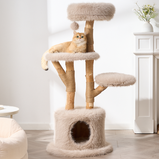 54"/ 58" Modern Aesthetic Cat Tree Tower for Indoor Cats with Branch-Style Natural Wood Scratching Posts, Luxury Plush Faux Fur Cat Bed with Natural Loft, Cave, Perches & Hanging Ball, Almond Khaki