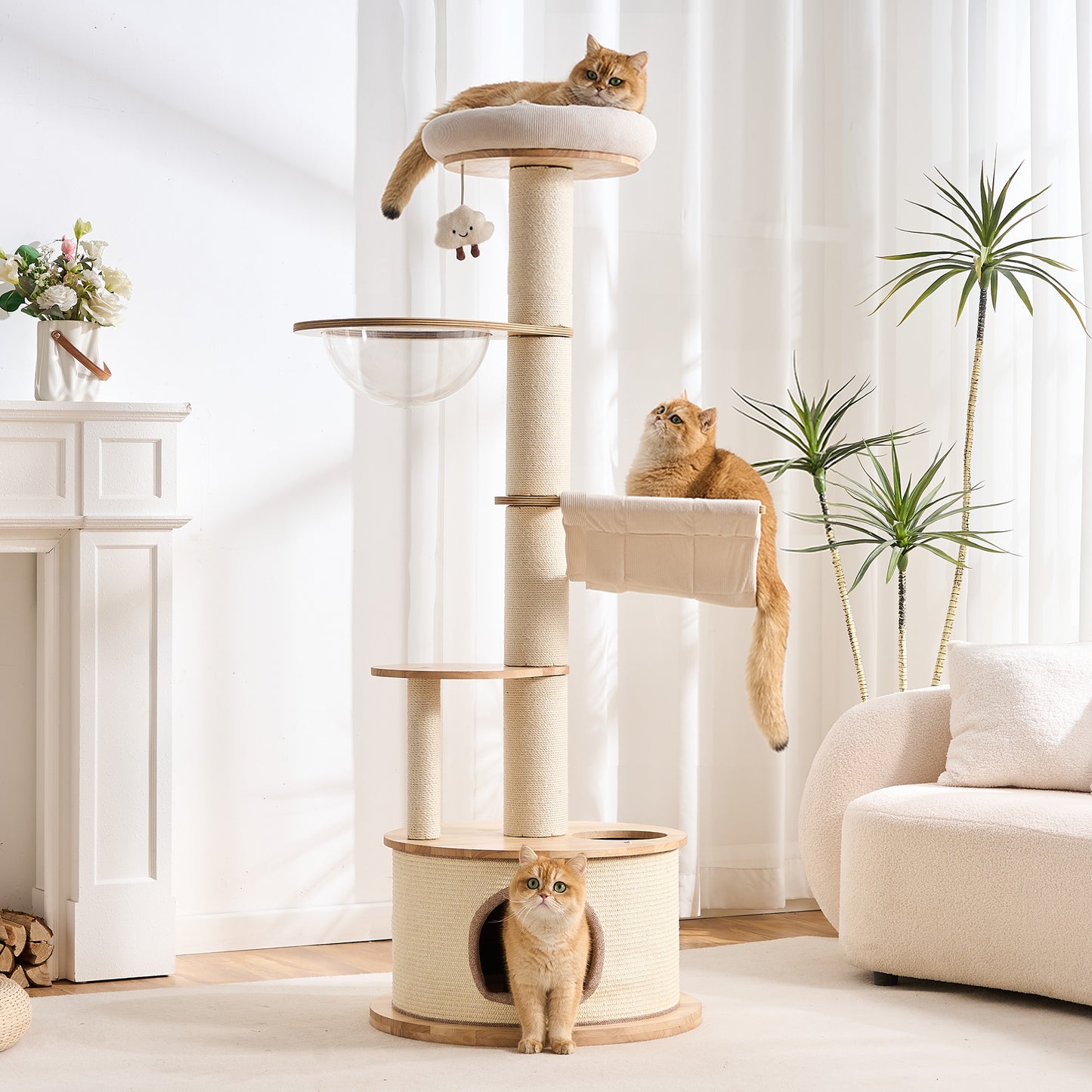 Kicari 64.2" Solid Wood Cat Tree Tower for Indoor Cats, Multi-Level Modern Cat Furniture with 20" Condo, Interchangeable Hammock & Capsule Bed, Chunky Scratching Posts for Active Cats up to 12 lbs