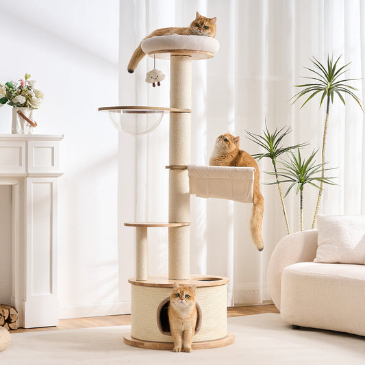 Kicari 64.2" Solid Wood Cat Tree Tower for Indoor Cats, Multi-Level Modern Cat Furniture with 20" Condo, Interchangeable Hammock & Capsule Bed, Chunky Scratching Posts for Active Cats up to 12 lbs