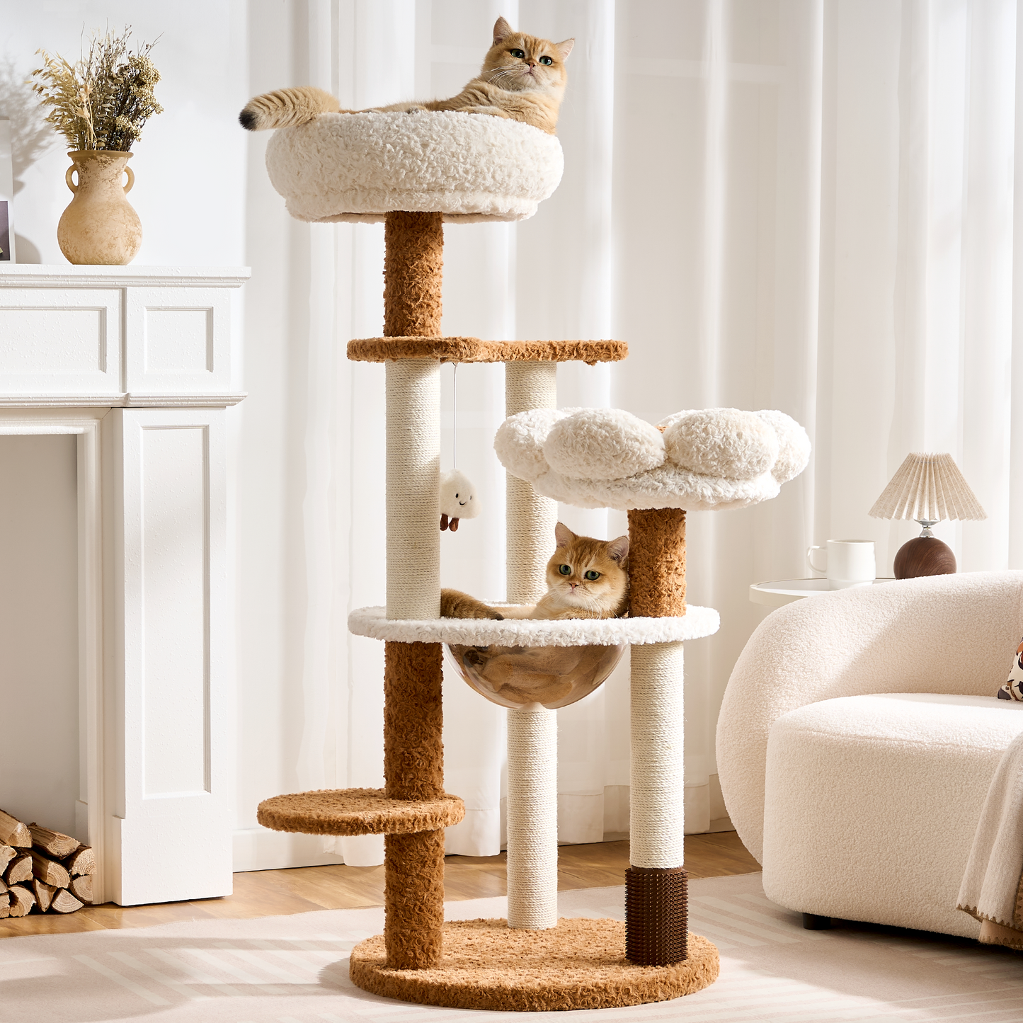 Modern Cat Tree Tower with Scratching Post for Indoor Cats, 50.5" Tall Cat Tree with Flower/Fluffy Cat Beds, Acrylic Capsule, Multi-Level Platforms & Interactive Toy, Brown/Pink