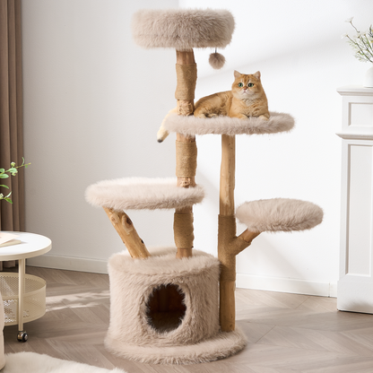 54"/ 58" Modern Aesthetic Cat Tree Tower for Indoor Cats with Branch-Style Natural Wood Scratching Posts, Luxury Plush Faux Fur Cat Bed with Natural Loft, Cave, Perches & Hanging Ball, Almond Khaki