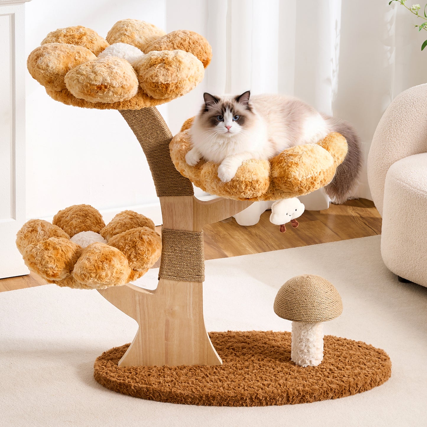 Hittite Aesthetic Flower Cat Tree Tower with Scratching Post for Indoor Cats, 37" H Modern Cat Tree with Wood Sculpted Branch, Flower Cat Beds, Mushroom Scratcher & Interactive Squeaky Toy