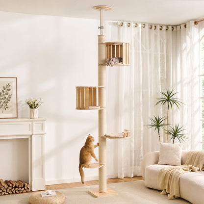 Floor to Ceiling Cat Tree, Adjustable 7.9–9.9 ft Tension Cat Tower, Modern Multi-Level Cat Tree with Thick Sisal Posts, Hidden Caves, Capsule & Perches, No Drilling
