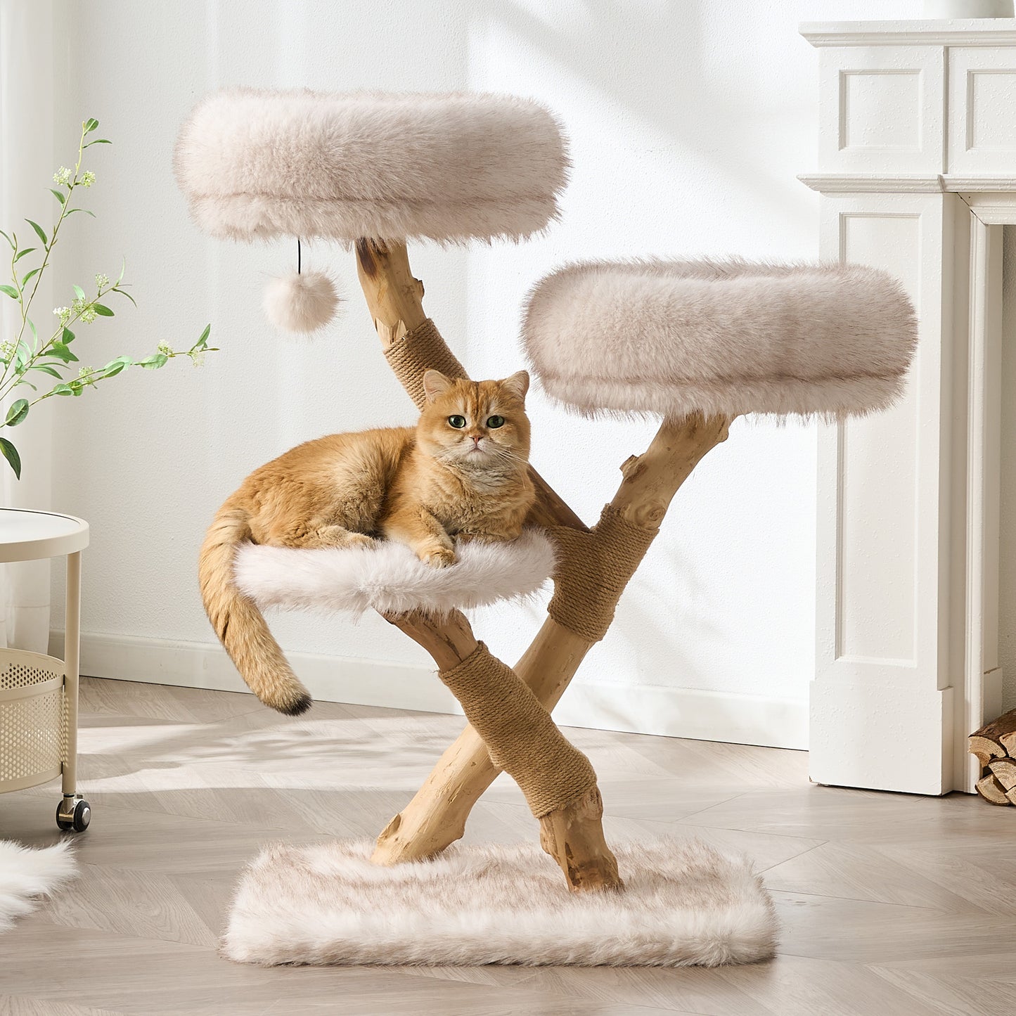 Hittite 38" Modern Cat Tree for Indoor Cats, Aesthetic Natural Wood Cat Tower with Branch-Style Scratching Posts, Luxury Plush Faux Fur Cat Beds with Natural Loft, Perch & Hanging Ball