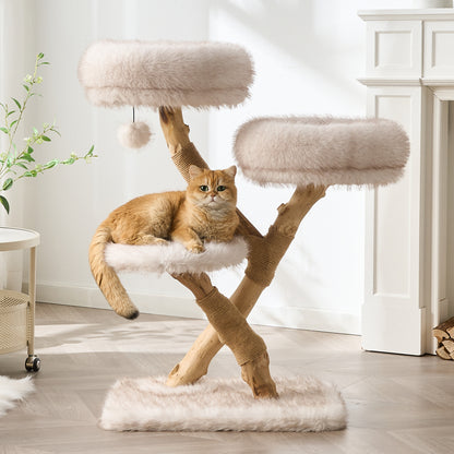 Hittite 38" Modern Cat Tree for Indoor Cats, Aesthetic Natural Wood Cat Tower with Branch-Style Scratching Posts, Luxury Plush Faux Fur Cat Beds with Natural Loft, Perch & Hanging Ball