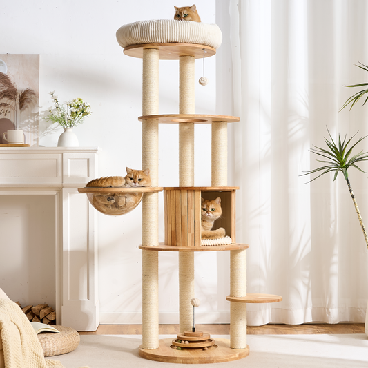 68" Tall Modern Wooden Cat Tree for Large Indoor Cats, Multi-Level Cat Tower with Sisal Scratching Posts, Spacious Top Perch, Condo & Capsule Bed, Turntable Toys, Stable Solid Wood Cat Furniture