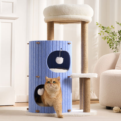 Kicari Modern Cat Tree for Indoor Cats, 36in H Cat Condo Tower with Scratching Posts, Cozy Cat Bed Cave, Washable Cushions, Dangling Balls, Play & Nap Structure for All Breeds of Cats, Brown & White