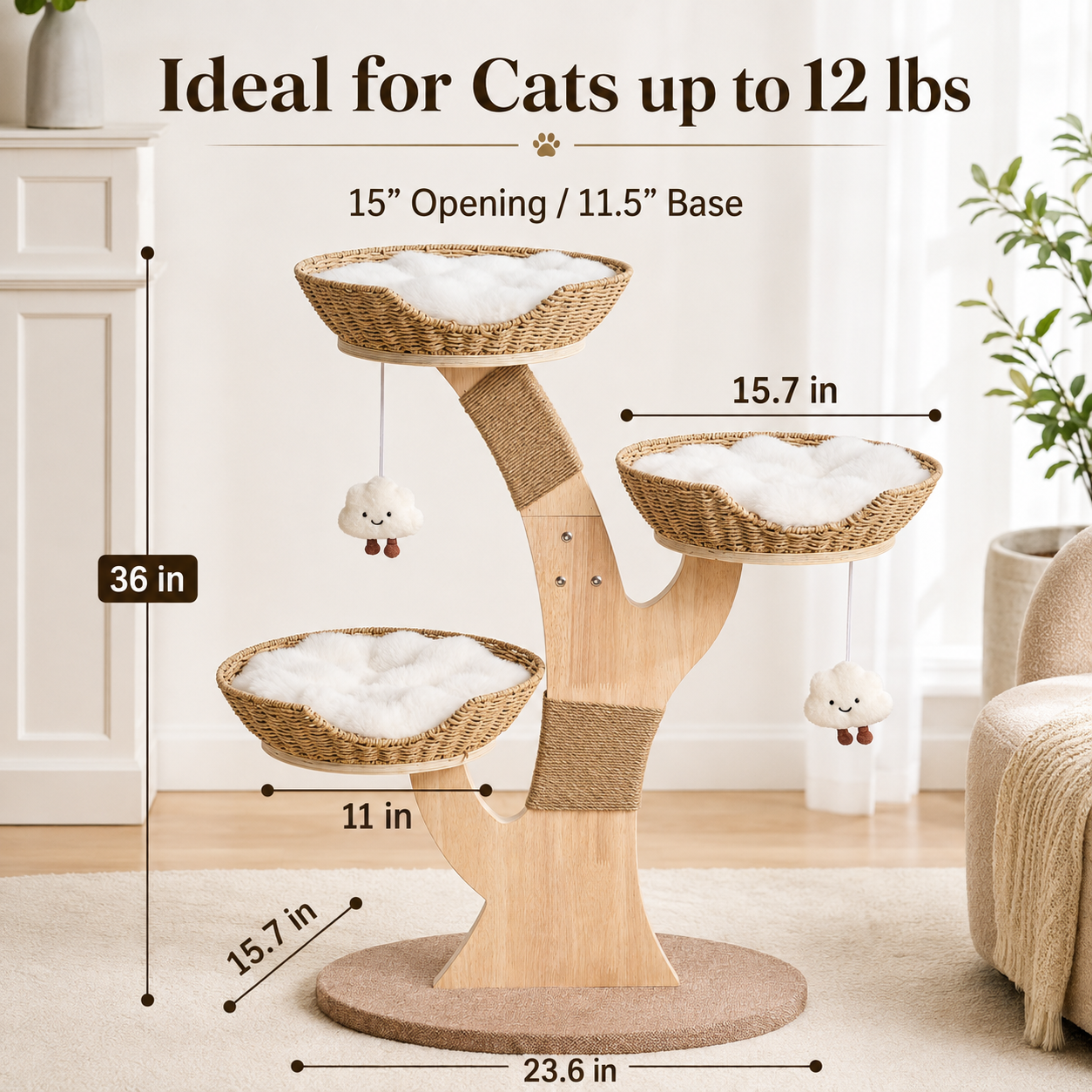 Modern Wood Cat Tree for Indoor Cats Small to Medium, Aesthetic Cat Tower with Handwoven Wicker Cat Beds, Sculpted Wood Branch Scratching Post & Interactive Squeaky Toys, Natural & White