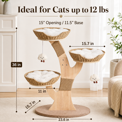 Modern Wood Cat Tree for Indoor Cats Small to Medium, Aesthetic Cat Tower with Handwoven Wicker Cat Beds, Sculpted Wood Branch Scratching Post & Interactive Squeaky Toys, Natural & White